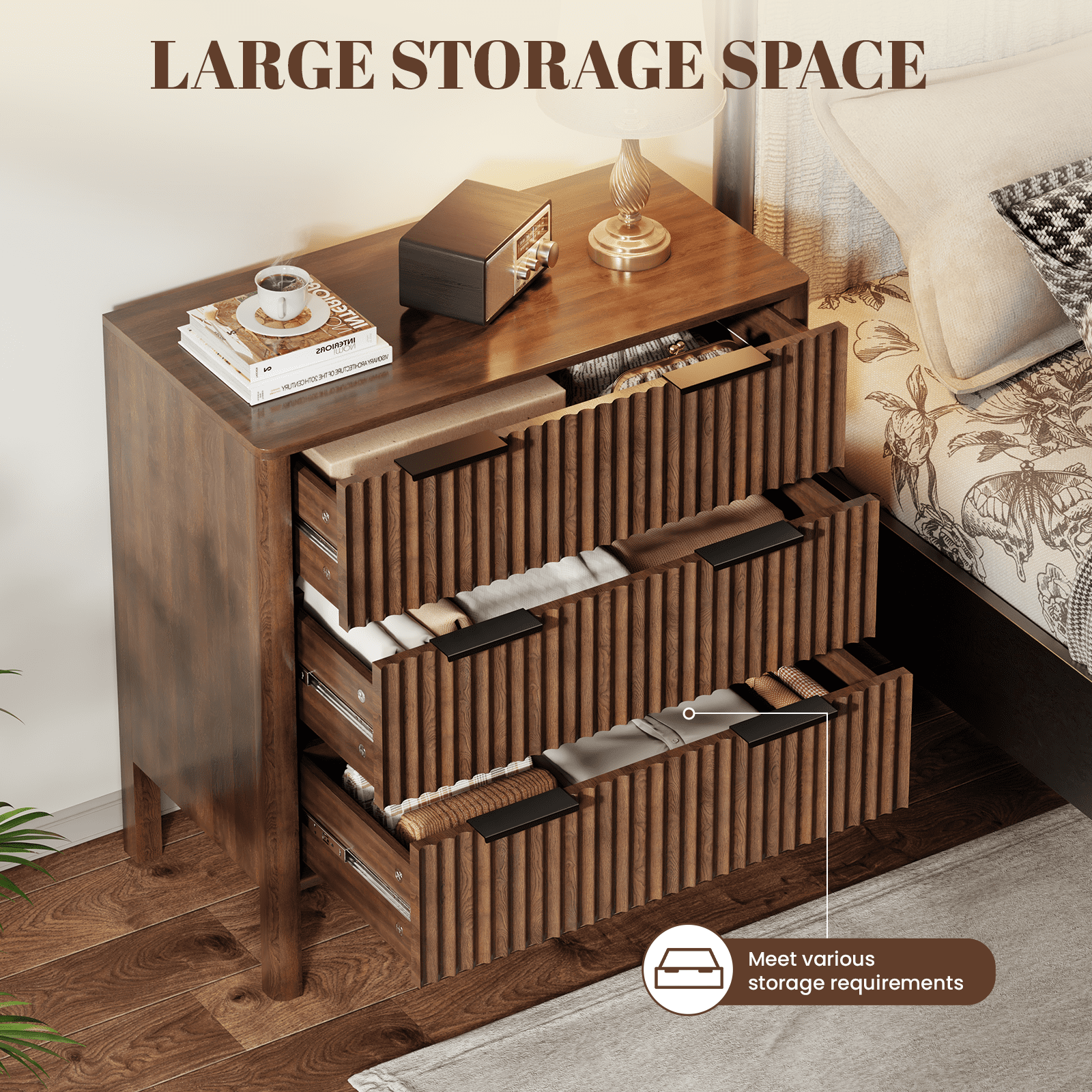 Fluted 3 Drawer Dresser for Bedroom 31.5" Wide Wooden Dresser TV Stand Modern Storage Organizer for Living Room, Hallway, Walnut