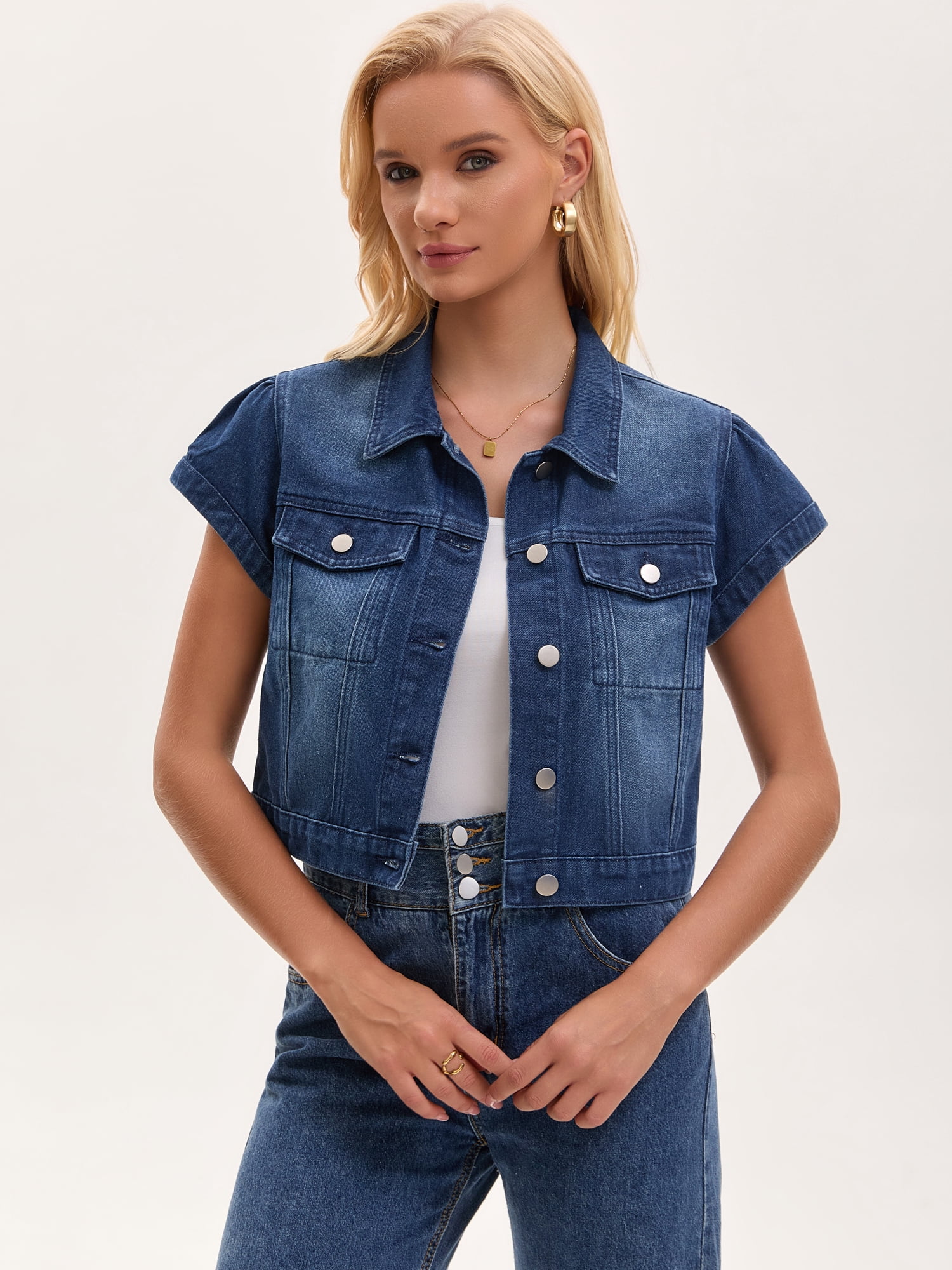 DARING DIVA Women's Cropped Cap Sleeve Button Down Collared Jean Jacket 2XL Dark Blue