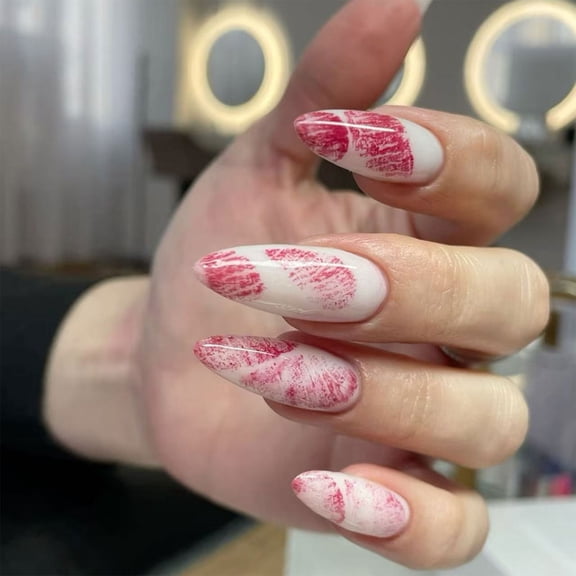 24 Pcs Lip Print False Nail Valentines Day Press On Nail Simple Full Cover Stick on Nail Almond Shape Acrylic Nail