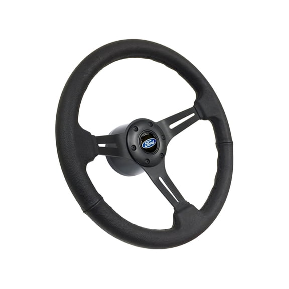 1964-1972 Ford Passenger/Truck; VSW 6 Bolt Genuine Leather Steering Wheel Black Kit, Classic Blue Oval Emblem