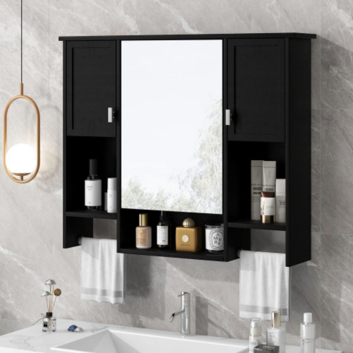 35"x 28" Wall Mounted Bathroom Medicine Cabinet with Mirror, Bathroom Storage Cabinet with Towel Bar, Adjustable Shelves, 3-Door MDF Wall Cabinet, Black