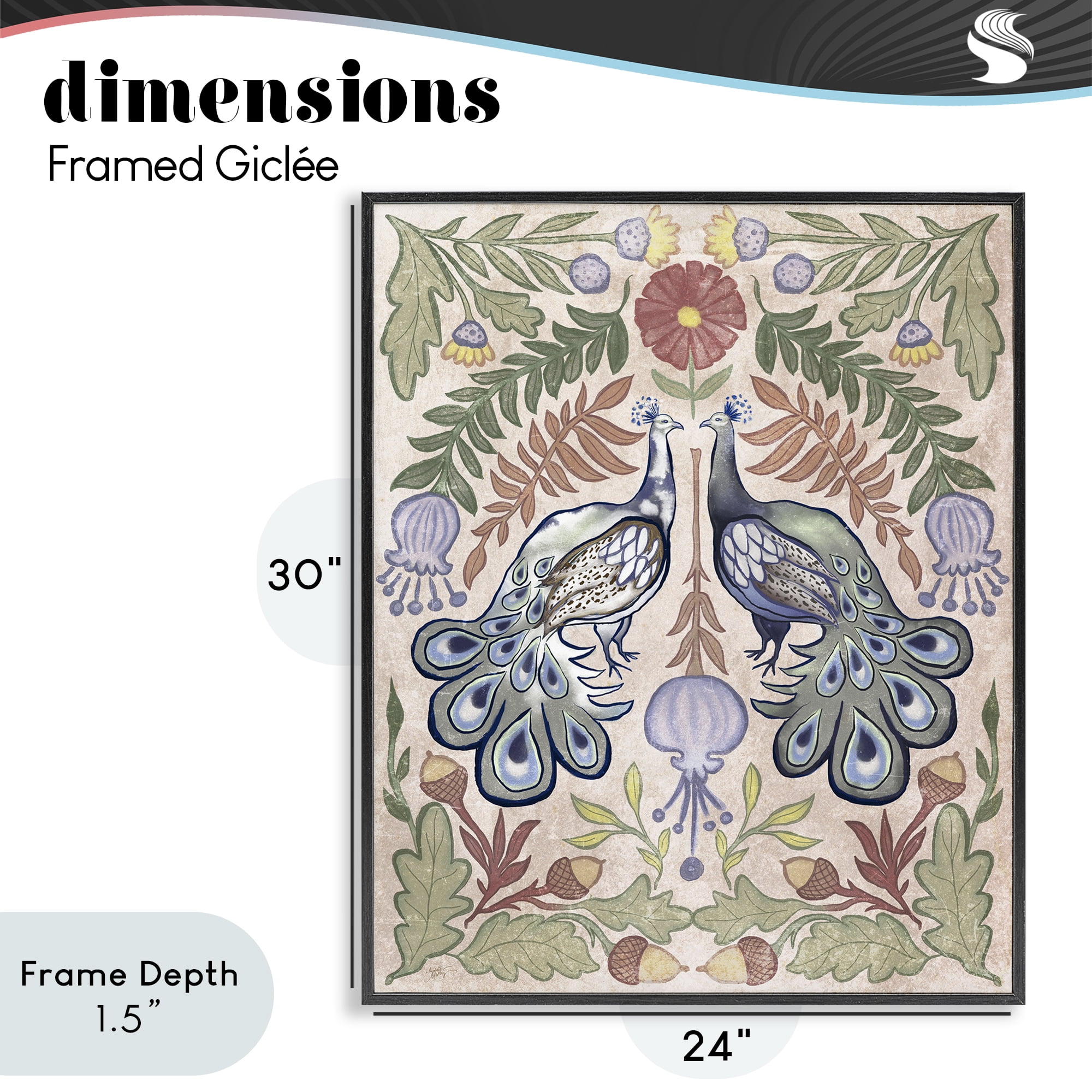 Stupell Industries Symmetrical Peacock & Flower Pattern Black Framed Giclee Art, design by Elizabeth Medley