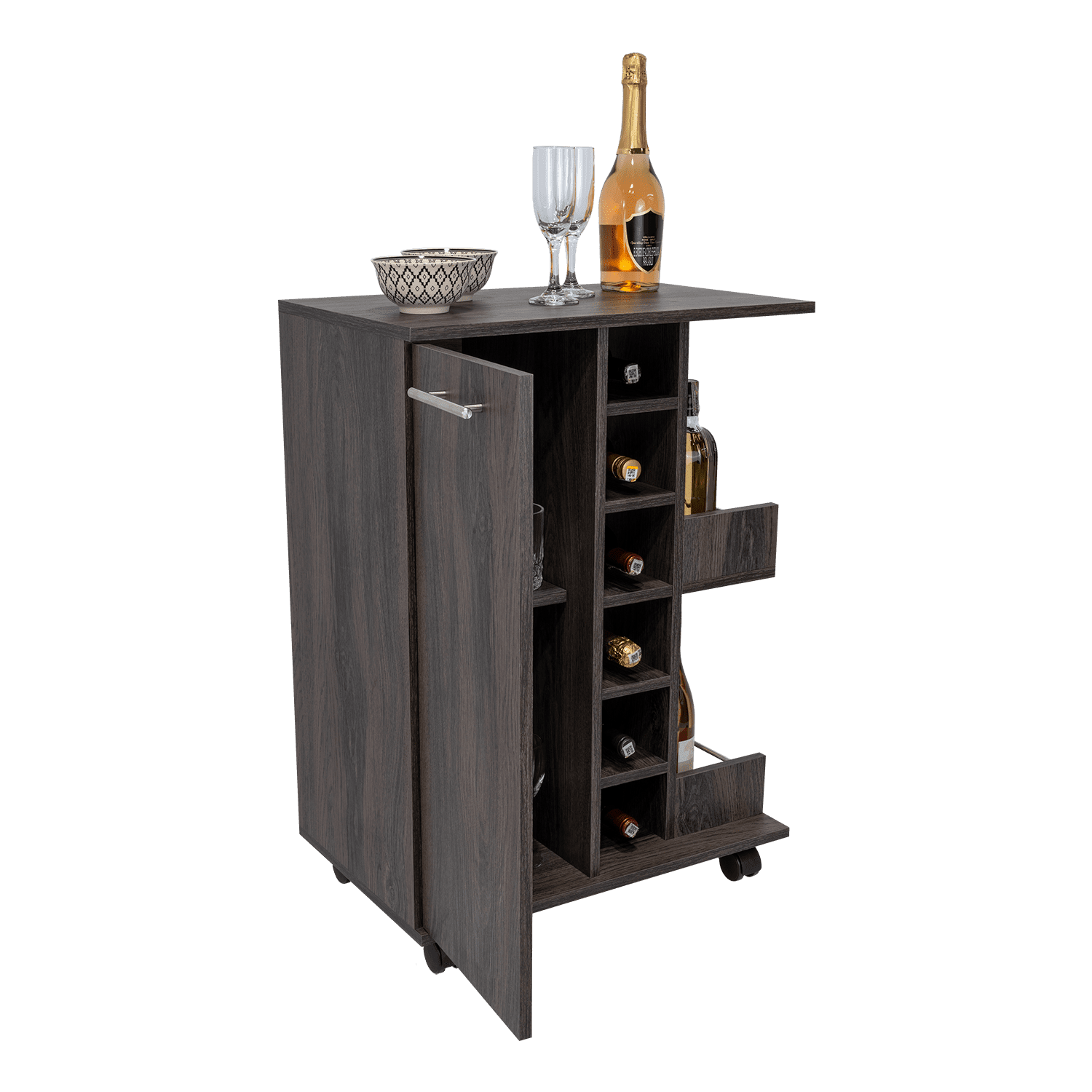 Bar Cart, Two External Shelves, Four Casters, Six Built-in Wine Rack, Single Door Cabinet -Espresso