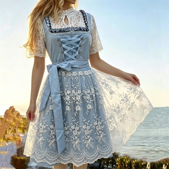 Dirndl Dresses Women Oktoberfest Dress German Clothing Short-sleeve dress Costume Halloween Party (Light Blue,M)