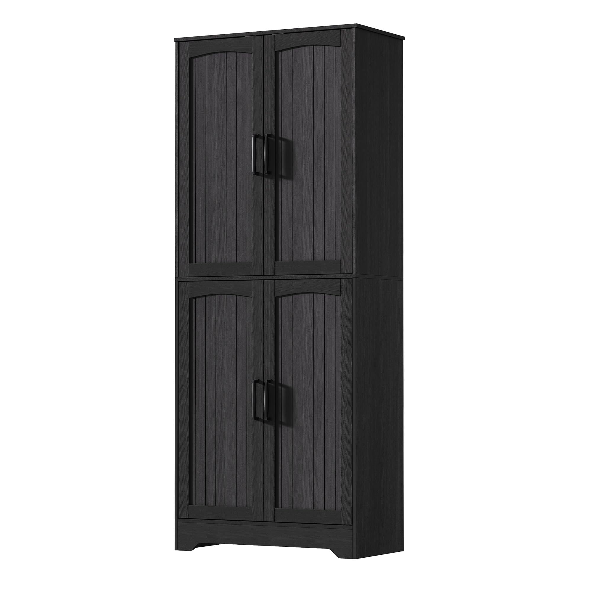 71 Inch Modern Tall Wood Pantry Storage Cabinet, Farmhouse Kitchen Pantry Cabinet, with 4 Doors & Adjustable Shelves, Freestanding Cupboard for kitchen & Living Room, Black