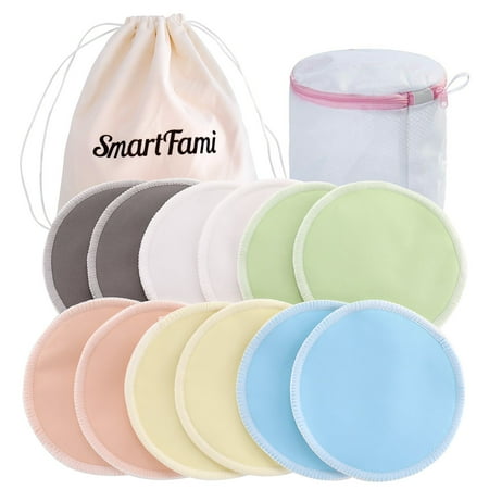 Contoured Disposable Breast Pads - Washable Organic Bamboo Nursing Pads(12 Pack) with Laundry and Cloth Bag by SmartFami,Reusable Breast Pads,Ultra Soft,Waterproof,Leakproof Bra Pads,Absorbent,Hypoallergenic,Breastfeeding Pads