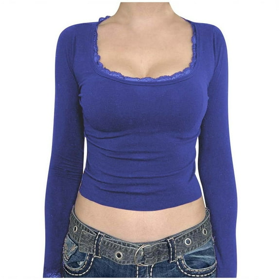 Women's Long Sleeve T Shirt Spliced Lace Neck Crop Design for Everyday Wear