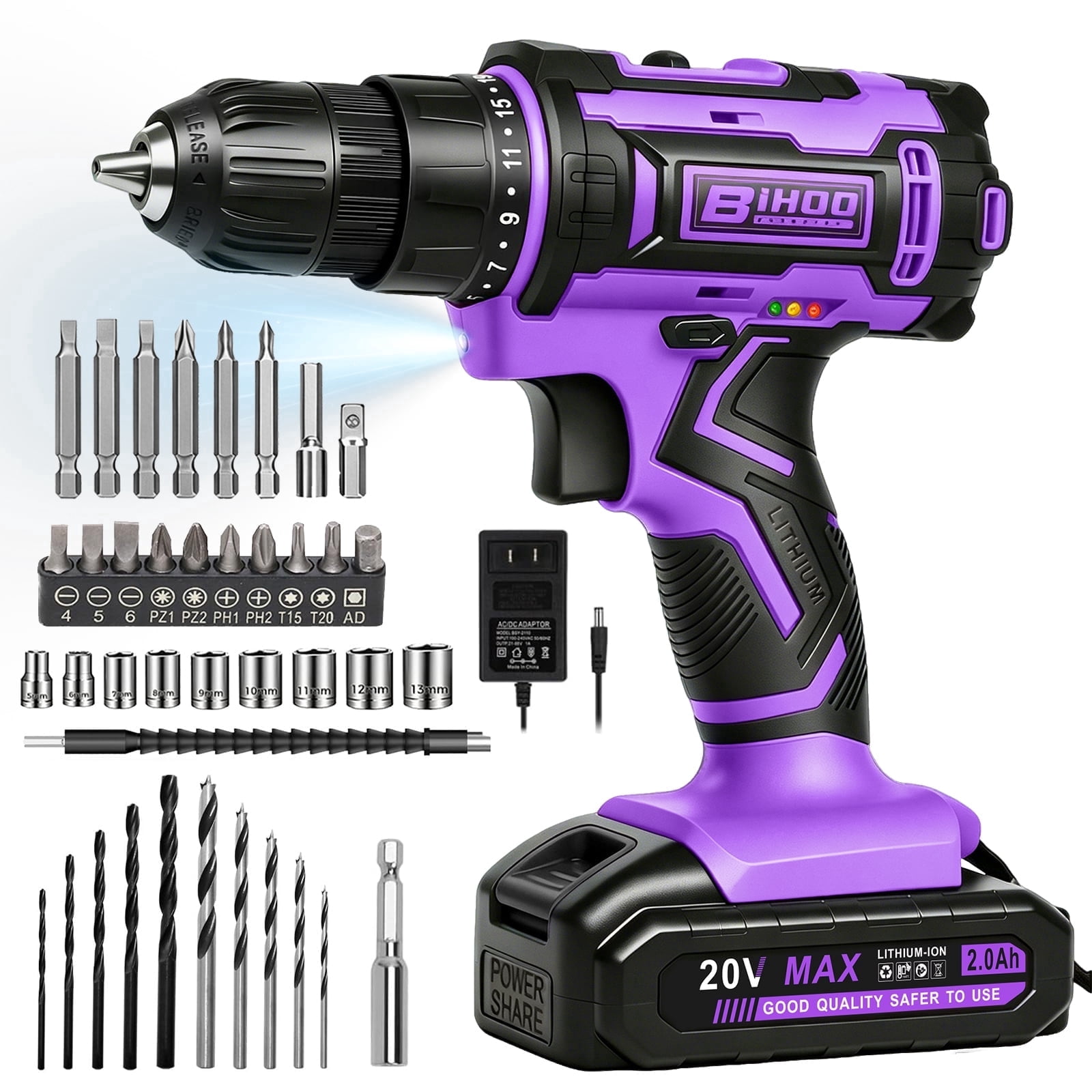 20V Purple Power Drill,Electric Drill Cordless with Battery and Charger,3/8-Inch Keyless Chuck, Variable Speed,with Drills Bits Set