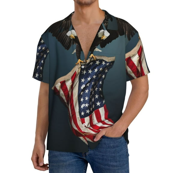 Xecao American Flag Men's Casual Short-sleeved Shirt, a button-up collared shirt with a pocket-Small