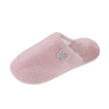 

Ladies Fashion Solid Color Plush Closed Toe Diamond Butterfly Decorative Flat Cotton Slippers