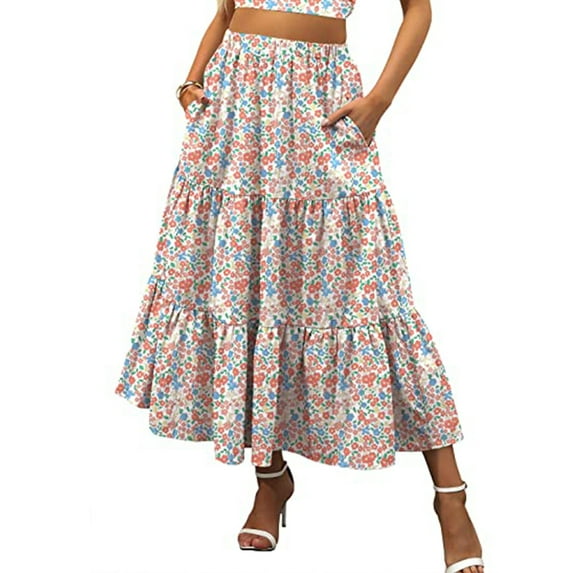 hirigin Boho Elastic Summer Skirt for Women, Layered Waist Pleated A-Line Flowy Long Beach Skirt with Pockets