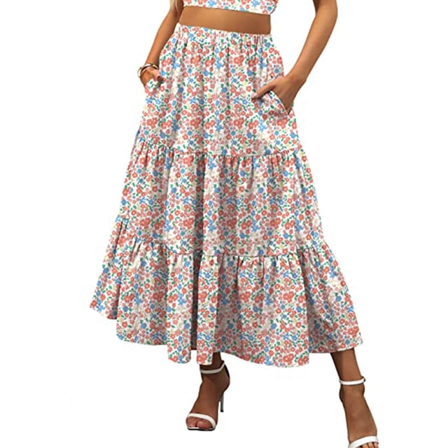 Txlixc Falda de verano para mujer Boho cintura elástica plisada línea A fluida falda larga de playa con bolsillos Txlixc Moda