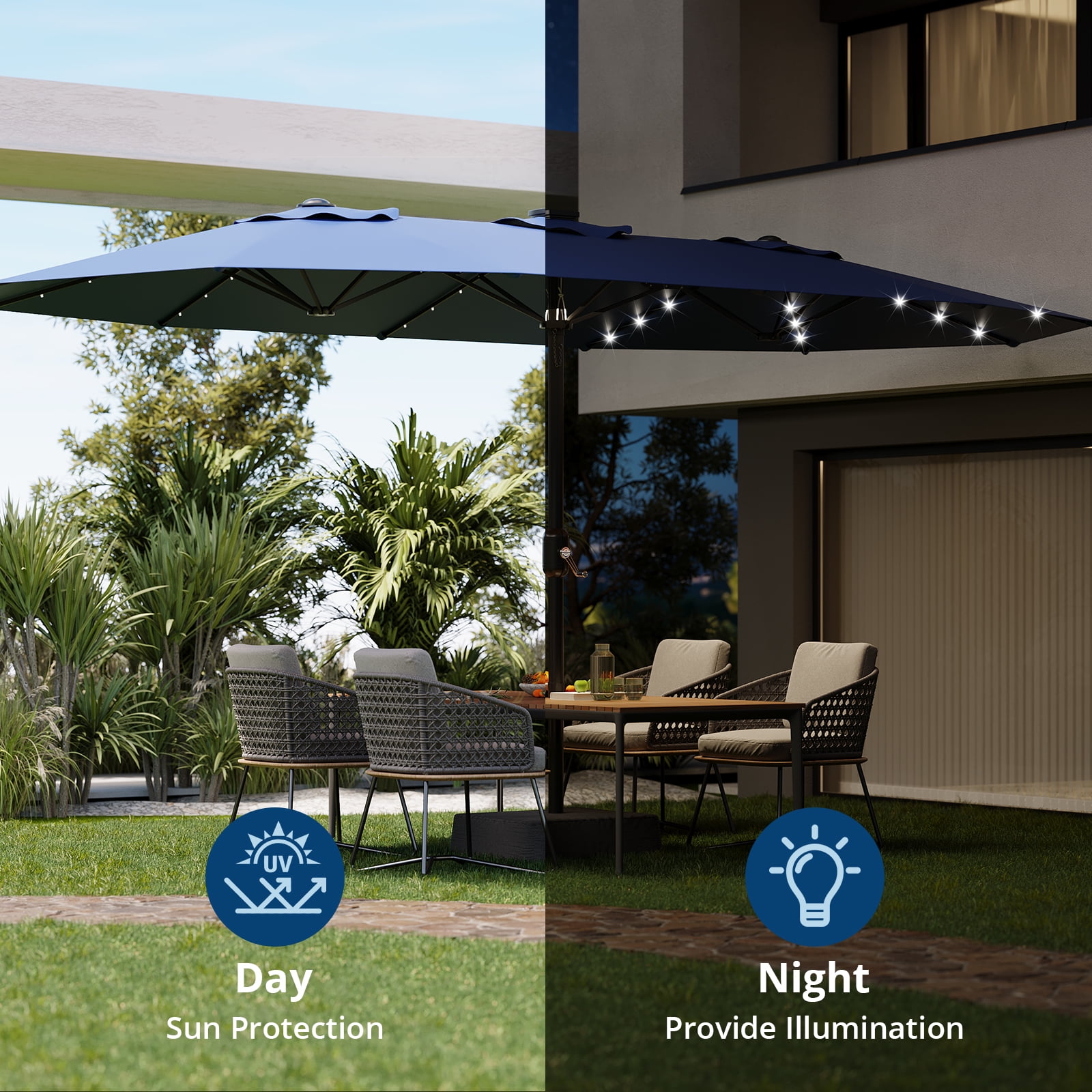 15ft Patio Umbrella with Solar Lights, Outdoor Large Umbrellas with Crank Handle and 36 LED Lights, Rectangular Market Umbrella with Base Included for Deck Pool Shade