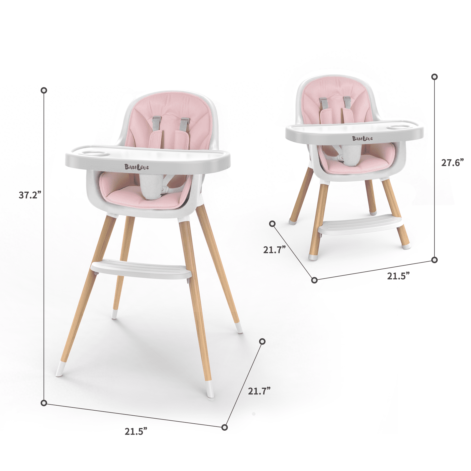 Babilous Baby High Chair, Wooden Highchair with Removable Tray, Adjustable Legs, Cushion, 5-Point Harness and Footrest for Infants, Baby, Toddlers, Pink