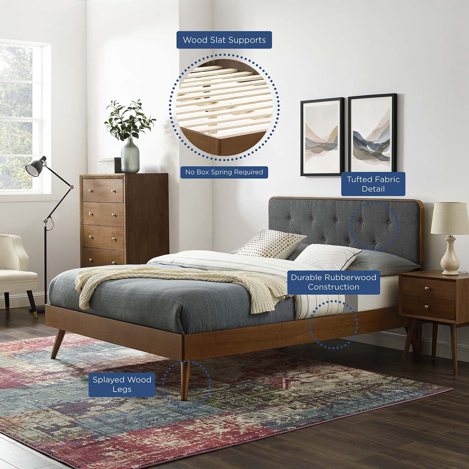Platform Bed Frame, King Size, Wood, Brown Walnut Grey Gray, Modern Contemporary Urban Design, Bedroom Master Guest Suite