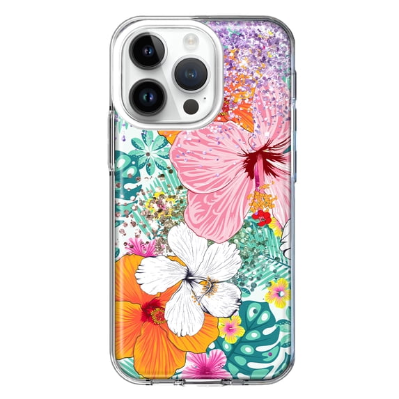 MUNDAZE Apple iPhone 14 Pro Shockproof Clear Hybrid Protective Phone Case Hawaiian Vibes Hibiscus Flowers Monstera Summer Cover