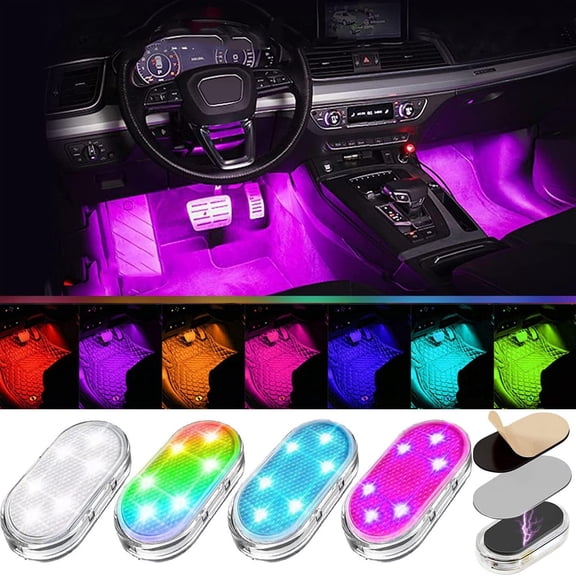 4Pcs LED Interior Car Lights with Remote,7 Colors Sync to Music Ambient Lighting Car Interior with 6 Bright LED Lamp Beads,Portable USB Rechargeable Car Interior Led Night Light for Car Decoration