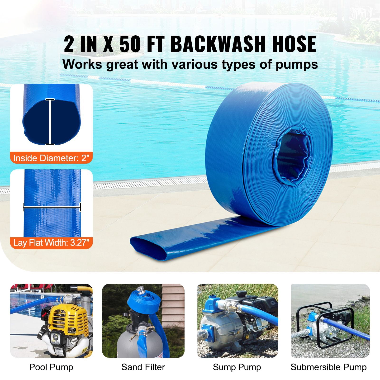 Pool Drain Hose, 2 inch by 50 ft, Durable PVC Material, Includes Aluminum Camlock C & E Connectors and Clamps, Fits Pumps and Sand Filters, Ideal for Pool Water Removal, Blue
