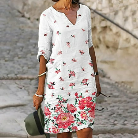 

jsaierl Womens 3/4 Sleeves Dresses Fashion Flowers Printed Waist Sundress V-Neck Knee-length Dress for Women 2022