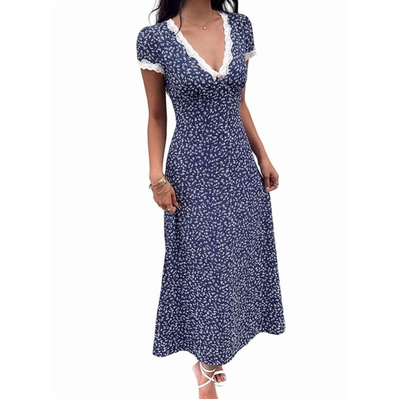 Women'S Floral Lace Trim Deep V Neck Dress Short Sleeve Flared Long Dresses Dark Blue M