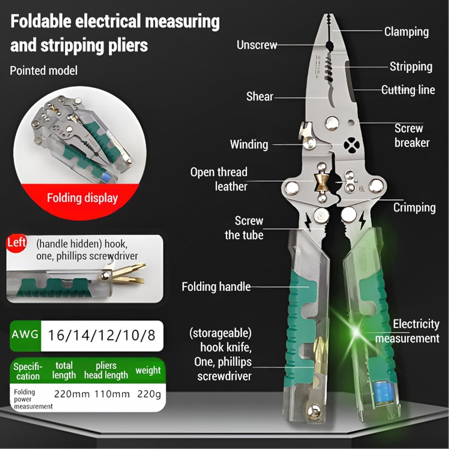 Electrical Pliers, 2026 Upgrade Folding Stylus Screwdriver Wire Stripper, 18 In 1 Foldable Ｗire Stripper, Built-In Voltage Tester Screwdriver for Cutting And Pulling Wires Cable (3*PCS)
