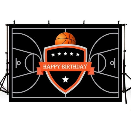 Image of Basketball Theme Happy Birthday Photography Backdrop Party Decoration Black Basketball Court Stars Banner