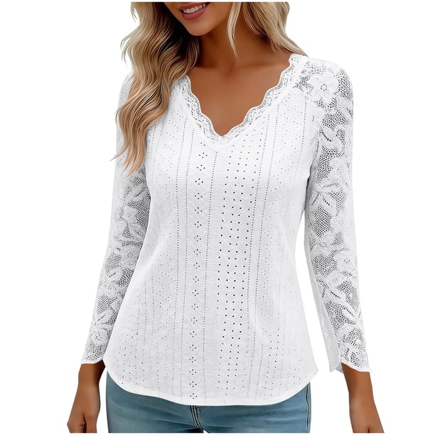 Encaje Manga Larga Tops para las Mujeres Más Tamaño V-Cuello Sólido Casual Blusa, Suave Suéter de Poliéster, Primavera de Uso Diario