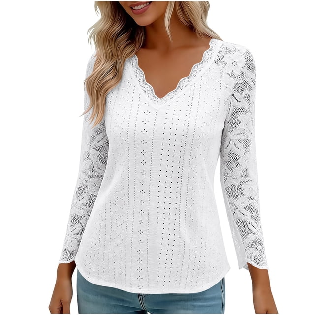 Encaje Manga Larga Tops para las Mujeres Más Tamaño V-Cuello Sólido Casual Blusa, Suave Suéter de Poliéster, Primavera de Uso Diario