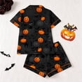 thumbnail image 4 of MEZZALL Women Halloween Pumpkin Print Pajama Set Lapel Collar Button Closure Chest Pocket Short Sleeve Tops With Elastic Waist Shorts Loungewear Sleepwear For Holiday 2 Piece Trendy Pjs, 4 of 9
