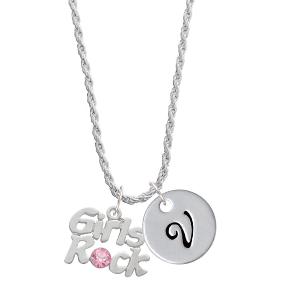 Delight Jewelry Silvertone Girls Rock with Light Pink Crystal Silvertone Script Initial Disc - V - Charm Necklace, 20"+3"