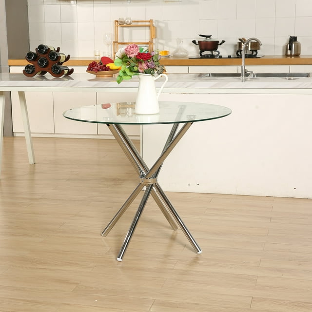 Dining Table Modern Kitchen and Dining Table with Glass Top and Stainless Steel Base