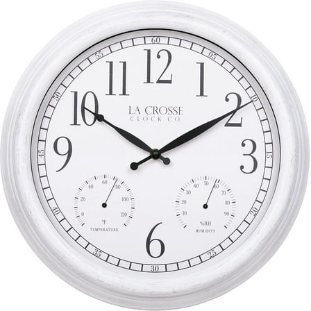 La Crosse Clock 15 In. Indoor/Outdoor Quartz Payton White Wall Clock with Temp & Humidity, 404-3015CC