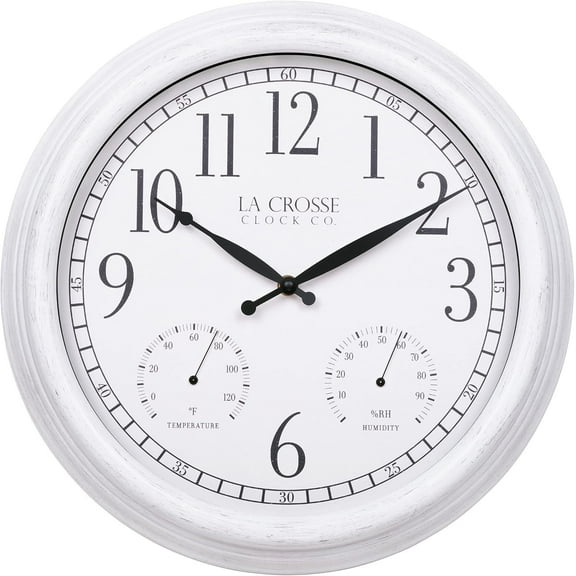 La Crosse Clock 15 In. Indoor/Outdoor Quartz Payton White Wall Clock with Temp & Humidity, 404-3015CC