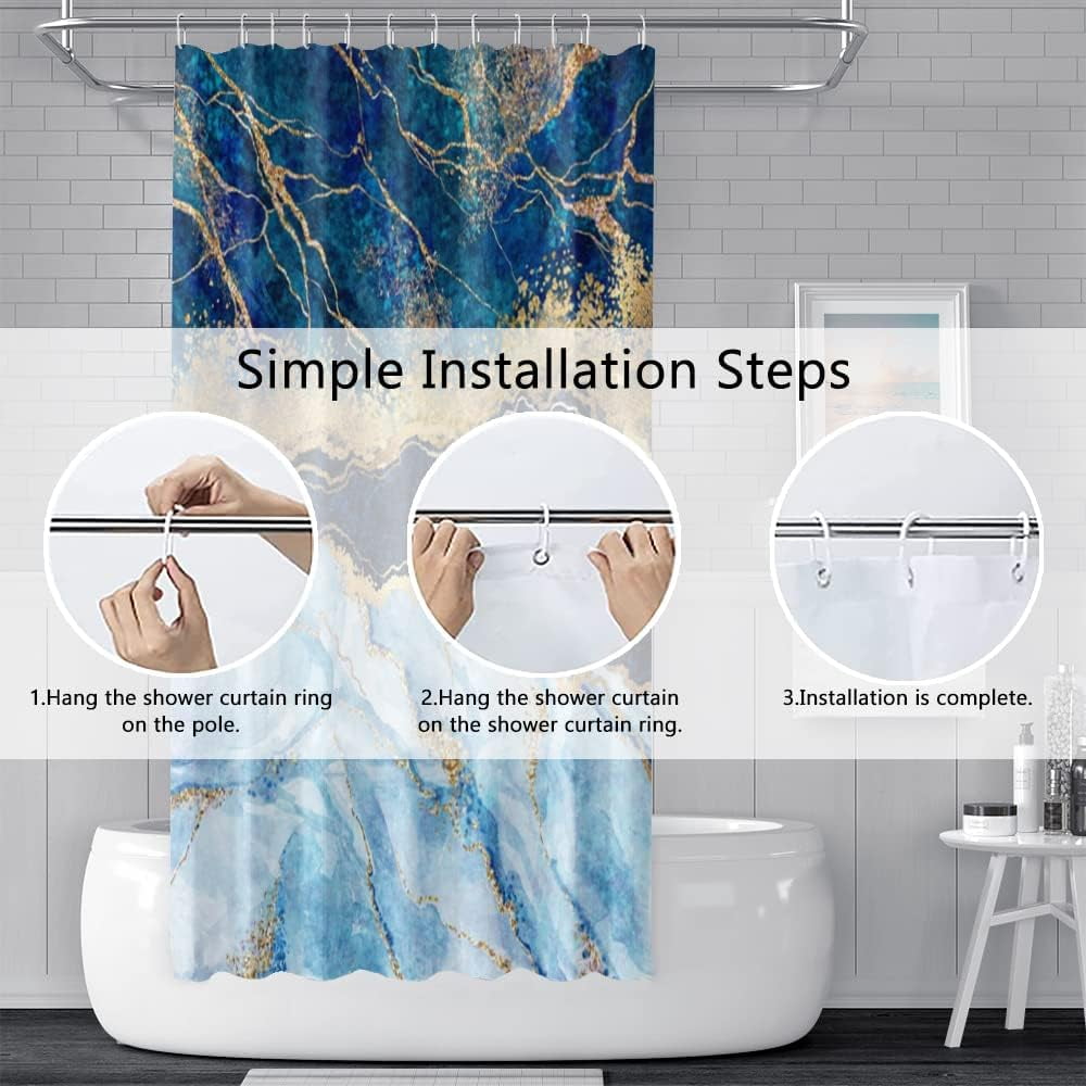 Navy Blue Shower Curtain for Bathroom Marble Light Blue Gold Stall RV Bathtub Home Decoration White Room Partition Waterproof Fabric Shower Curtains 36x72 inches with Hooks
