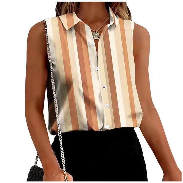TaTaai Printed Lapel Top Sleek Texture Women's Fashion Button Front Sleeveless Short Sleeve Loose Summer Casual Office Blouse Gift