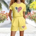 thumbnail image 4 of Girls Yellow USA Flag Heart Rhinestone Drip T-Shirt and Shorts Set Patriotic Summer Outfit for 4th of July 3-14Y,Size 9-10 T, 4 of 5