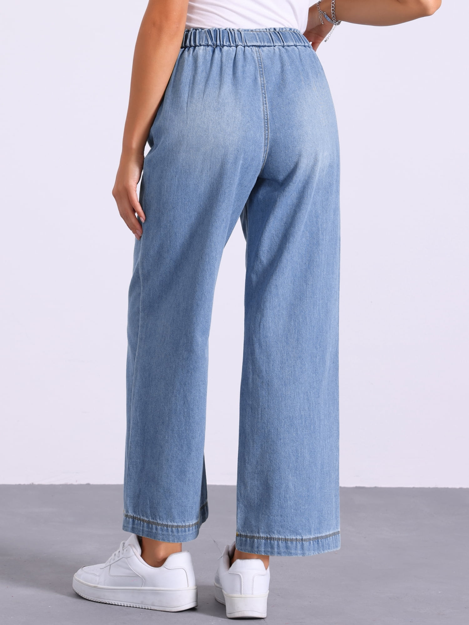 DARING DIVA Women's Trendy Elastic Waist Wide Legs Drawstring Jeans S Light Blue