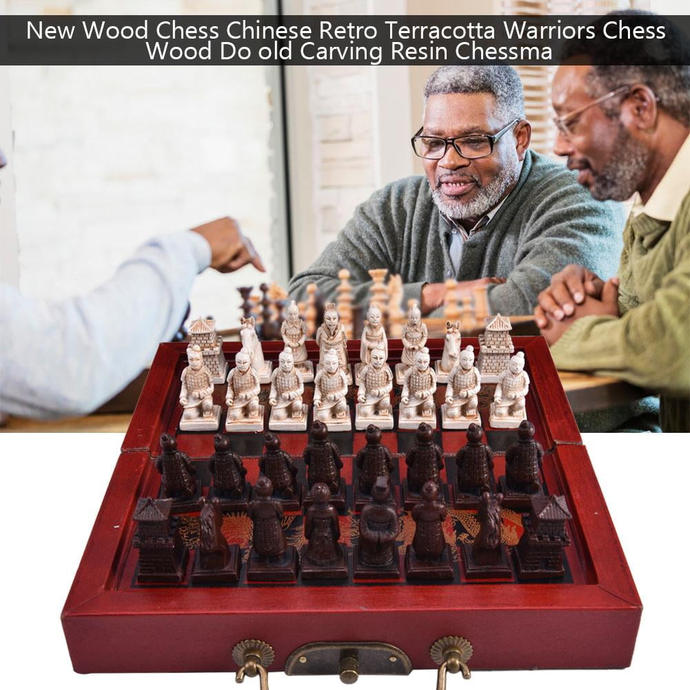 Chess Set Board Vintage Antique Folding Box Warrior Carved Unique Collectible 