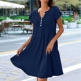 thumbnail image 4 of Vestido Tipo Túnica de Verano para Mujer, de Corta, con Botones, Cuello en V, Holgado, Informal, Plisado, Azul Oscuro, Talla L, 4 of 5