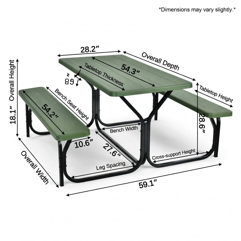 Hommoo Heavy-Duty Outdoor Picnic Table & Bench Set, HDPE Wood-Grain Finish, All-Weather Backyard Patio Furniture, Black