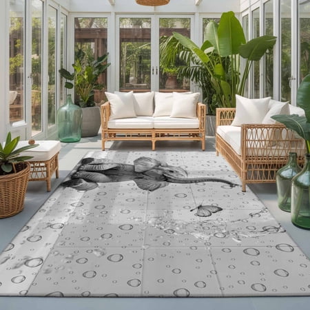 Rectangle Area Rug 8x10ft Abstract Funny Elephant Bathtub Living Room Rug Non-Slip Washable Circle Rugs Pad Modern Animal Art Soft Floor Carpet for Bedroom Dining Room