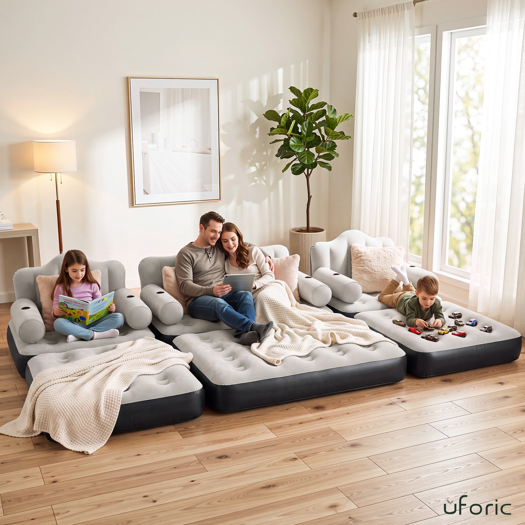 Uforic 3-Piece Air Sofa Bed Set with Pump, Queen & 2 Twin Size 2-in-1 Convertible Inflatable Sofa Bed with Headboard, Cup Holders, Carry Bag for Home Camping Guest Use, Gray