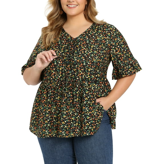 GRACE & GRANDEUR Women's Plus Size Ditsy Floral Blouse Tie Front V Neck Ruffle Sleeve Peplum Top Summer Babydoll Blouse 1X Black