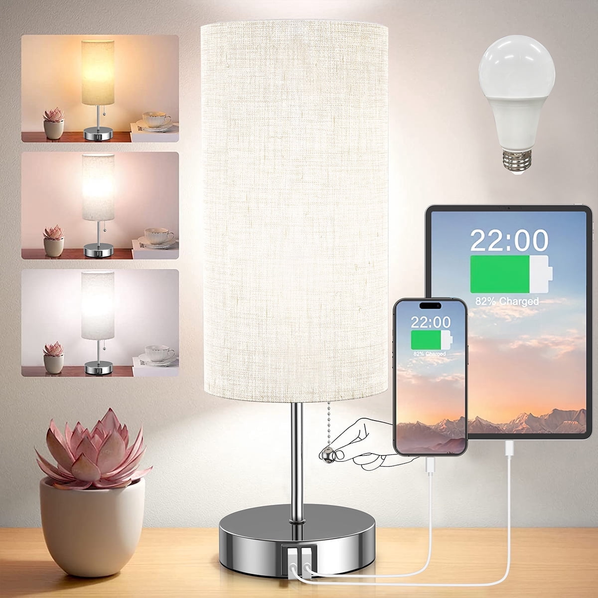 Table Lamp with 2 USB Charging Ports and Fabric Linen Lampshade Silver Base for Living Room, Dorm, Home Office