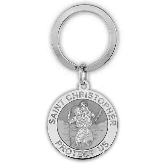Picturesongold.Com Stainless Steel Saint Christopher Religious Engravable Keychain 1 inch x 1 inch Round