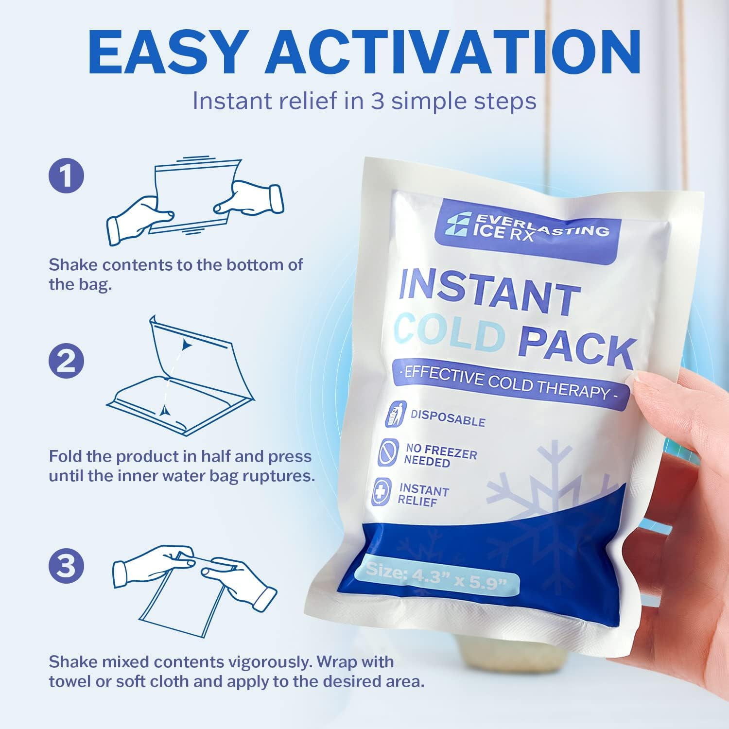 Everlasting Ice RX Instant Ice Packs Cold Compress Disposable Ice Packs for Pain Relief and Minor Injuries, 50-Pack