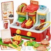 Restaurant Play Food Set Toy, Pretend Play, Fast Food Hamburger Store Play Set with Potato Cutter, Drink Station, Menu, Cash, Preschool Interactive Role Play Toy Gift for Boys Girls 2-5 Years Old