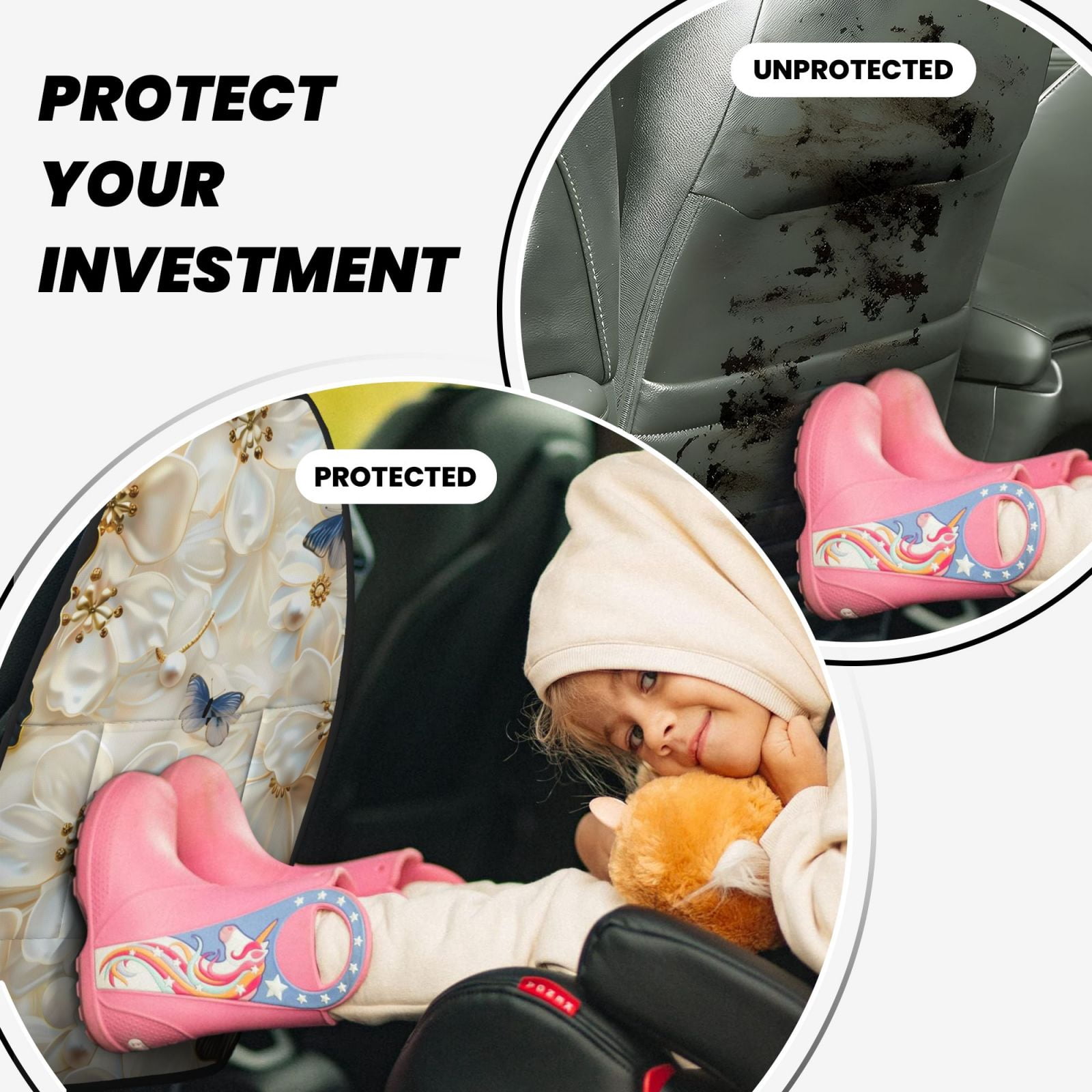 Kdxio Elegant Butterflies And Pearls Print 2 Pack Car Kick Mat Seat Cover Back Protector Mat with Pockets for Organizer Backseat Protector and Storage Anti Kick Pad for Vehicles