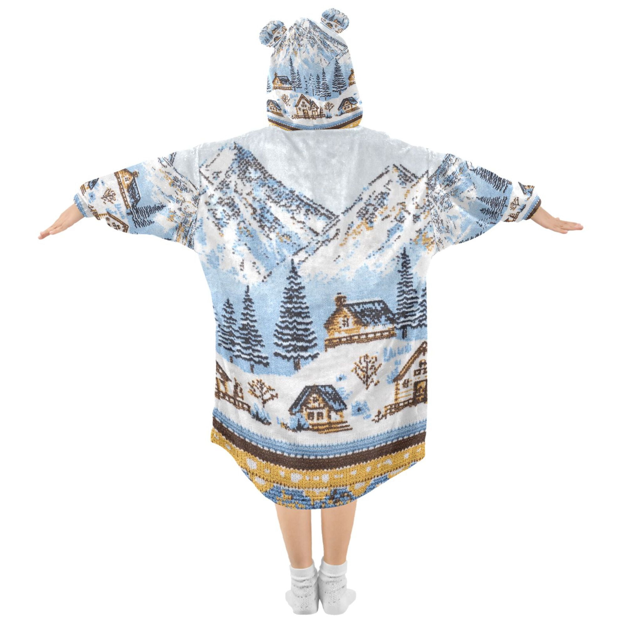 FORMRS Wearable Blanket Hoodie with Sleeves for Kids Cozy Flannel Sweatshirt, Winter Village