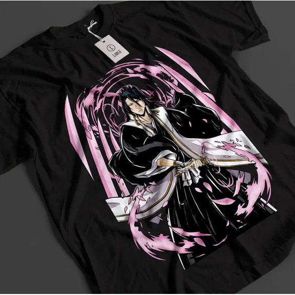 Anime Bleach Byakuya Sakura Sword Graphic Black T-Shirt Size S-5XL